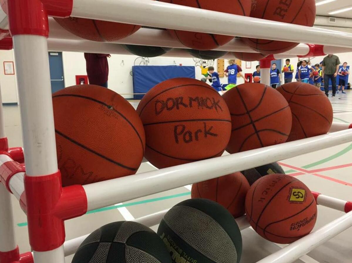 Basketballs on a basketball rack.