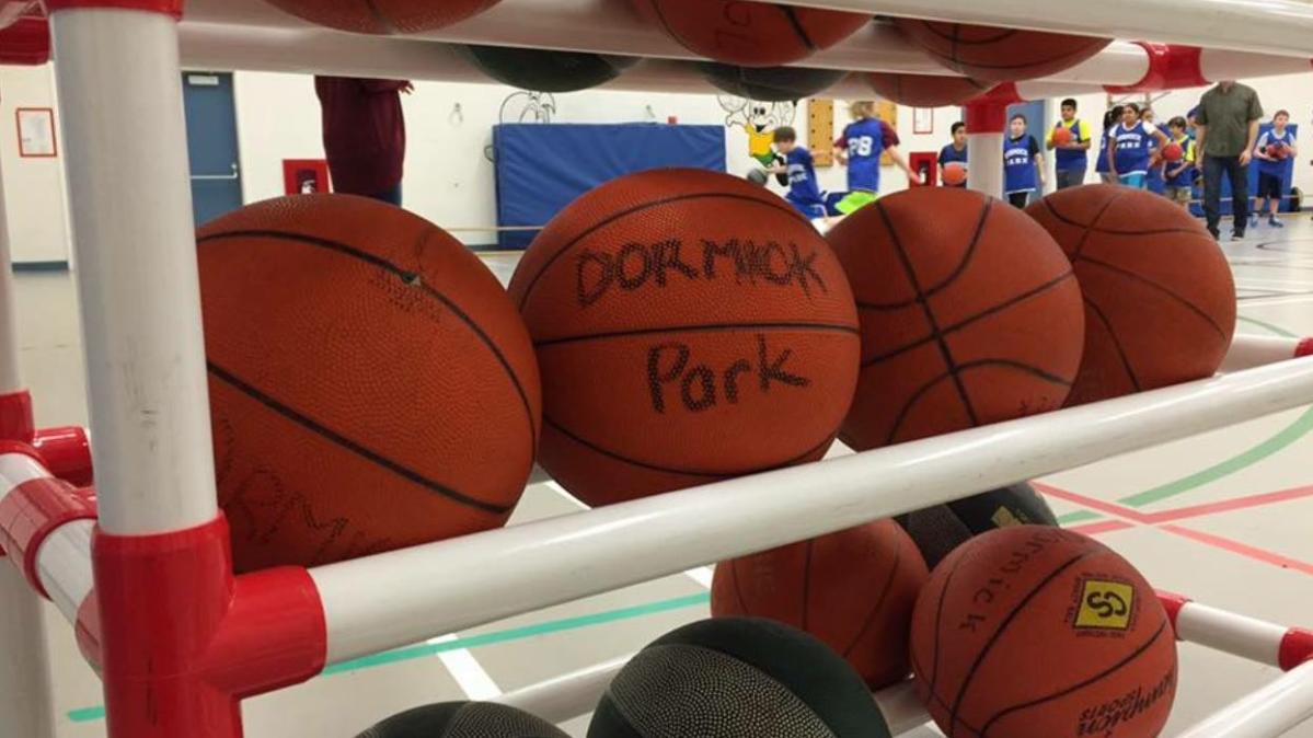 Basketballs on a basketball rack.